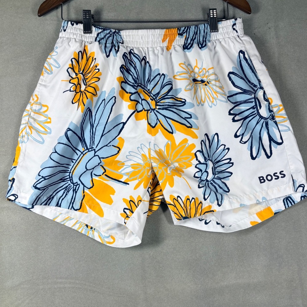 BOSS Hugo Boss Piranha Floral Daisy Print Swim Shorts White Blue Yellow Mens 30